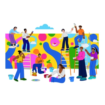 A vibrant community space filled with artists of different backgrounds actively collaborating on a giant mural. Each artist is using bright, colorful paint, creating various sections of the mural, which features a mix of abstract shapes, bold patterns, and playful characters. Some artists are standing on ladders, while others are kneeling on the ground, deep in concentration. Nearby, there are buckets of paint and brushes scattered around, adding to the creative chaos. The walls of the space are adorned with previous artworks, showcasing the community's artistic spirit. The atmosphere is energetic, with laughter and conversations as the artists share ideas and techniques.