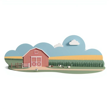A picturesque farm in the Midwest featuring a vibrant red barn with white trim, surrounded by lush green fields of tall corn and golden wheat. The sky is clear with a few fluffy white clouds. A wooden fence lines the property, and there are rows of crops extending to the horizon. In the foreground, a dirt path leads towards the barn, while a couple of farm animals, such as cows and chickens, are scattered around, adding liveliness to the scene.