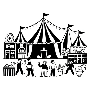 A vintage carnival scene featuring a werewolf standing on a colorful stage, with its silhouette accentuated against the backdrop of striped tents. The werewolf is wearing a tattered vest and performing tricks, impressing an audience gathered in front of the stage. There are carnival games with prizes on display nearby, such as stuffed animals and colorful balloons. Strings of light bulbs hang overhead, adding to the festive atmosphere of the carnival. There are various food stalls selling popcorn and cotton candy in the background. The ground is covered with sawdust, completing the vintage fairground feel.