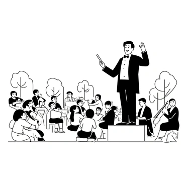 A festival conductor is standing on a raised platform, holding a baton in one hand and gesturing with the other. He is dressed in a formal black suit with a white shirt and a bow tie. In front of him, a large orchestra is seated, with various instruments visible, such as violins, cellos, and woodwinds. The audience is gathered in a park-like setting, with people of different ages and backgrounds, some sitting on blankets and others standing. Trees and festival decorations can be seen in the background, creating an atmosphere of excitement and enjoyment.