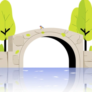 An ancient stone bridge with a weathered, gray surface arches over a clear, flowing river. The bridge features several large, rounded stones, and small moss patches are visible in the crevices. Below, the water sparkles in the sunlight, revealing smooth pebbles at the riverbed. On either side of the river, tall, lush trees with green leaves create a natural border, their reflections mirrored in the water. A few colorful birds perch on the branches, adding life to the serene setting.