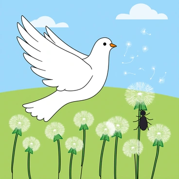 A white dove with soft feathers is gracefully gliding through a vibrant green meadow filled with fluffy dandelions. A small black ant is playfully climbing up one of the dandelion stems, its tiny body contrasting against the delicate white puffballs. The wind is gently swaying the dandelions, causing the seeds to dance in the air, creating a whimsical atmosphere. The dove occasionally flaps its wings, creating a flurry of movement among the dandelions, while the ant explores its surroundings with curiosity. The sky above is a bright blue, dotted with fluffy white clouds.
