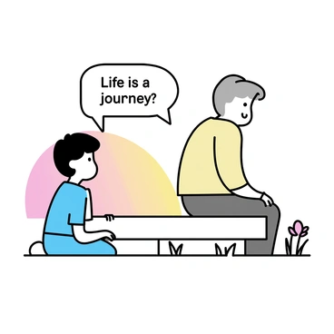 An elder with gray hair and a gentle expression is sitting on a wooden bench. He is wearing a simple beige shirt and brown trousers. A young person, with short black hair and a curious expression, is sitting beside him. The young person is dressed in a light blue t-shirt and denim jeans, listening attentively. They are surrounded by an open field, with a few wildflowers scattered around. The sky is painted in shades of orange and pink as the sun rises in the background, casting a warm glow over the scene. "Life is a journey," the elder is saying, sharing his wisdom with the youth.