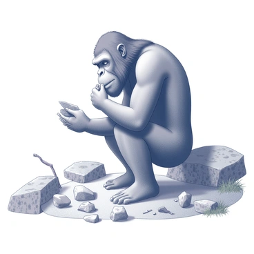 A Neanderthal is depicted in a thoughtful stance, surrounded by a rugged natural environment. He has a strong build, with prominent brow ridges and long hair. His expression shows concentration as he examines a rough stone that he is shaping. Nearby, there are various tools and natural materials scattered on the ground, including sharp flints and branches. The setting is filled with textured rocks and patches of grass, emphasizing the prehistoric landscape as he contemplates his next invention.