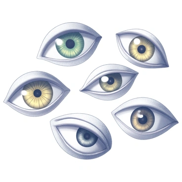 A close-up view of multiple eyes, each displaying distinct shapes and sizes. The eyes range from round to almond-shaped, showcasing a variety of eye colors including shades of green, yellow, and brown. Each iris has its own intricate patterns, emphasizing the uniqueness of each eye. The pupils are varied in size, creating a striking contrast against the irises. The surrounding skin is detailed, capturing the textures and subtle variations in tone, highlighting the beauty and diversity of human eyes.