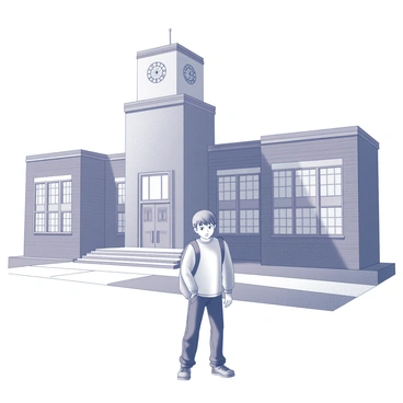 A young teenager stands nervously in front of a large school building. The school features a tall entrance with wide steps leading up to double doors, framed by large windows. The teenager is wearing casual clothing, with a backpack slung over one shoulder. They have their head slightly lowered and hands gripping the straps of the backpack. The building's architecture includes brick walls and a clock tower rising above the roof, creating a sense of scale. The surrounding area has a neatly maintained lawn and a pathway leading to the entrance.