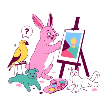 A group of animals giving ridiculous critiques of a painting done by a rabbit, illustrating common misconceptions.