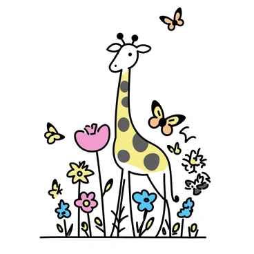 A tall giraffe with a spotted coat standing upright, its long neck extending gracefully among a variety of colorful flowers. The flowers include large red poppies, bright yellow daisies, and deep bluebells, creating a lively scene at the giraffe's feet. Various butterflies, featuring patterns of orange, black, and yellow, flit around the giraffe, some resting on the flowers. The background includes simple tree trunks and leaf shapes, subtly suggesting a forest setting.