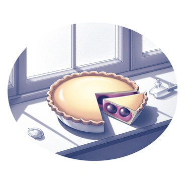 A homemade plum pie sits on a kitchen windowsill. The pie has a golden-brown crust with a crimped edge and is filled with rich purple plum filling. A slice has been removed, revealing the juicy, tender fruit inside. The kitchen setting includes a wooden windowsill, and light streaming through the window casts interesting shadows on the pie. There are small kitchen utensils and a few scattered flour dustings on the counter nearby, emphasizing the homemade aspect of the pie.