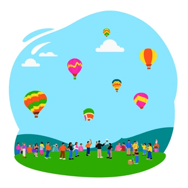 A bright and colorful hot air balloon festival with multiple hot air balloons of various shapes and sizes floating in a clear blue sky. Each balloon features vibrant patterns; some have stripes in shades of red, yellow, and green, while others display whimsical designs like animals and flowers. Below, a crowd of excited spectators gathers on a lush green field, admiring the balloons as they ascend into the sky. The scene captures the joyous atmosphere of the festival, with a few spectators pointing and taking pictures.