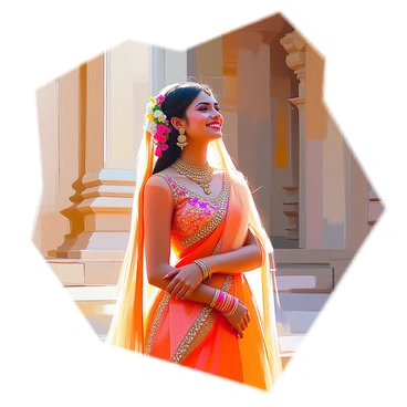 A bride with a radiant smile is standing outside a historic Indian temple. She is wearing an intricately designed traditional lehenga adorned with vibrant embroidery and embellishments. Her lehenga is a rich shade of red, complemented by a matching dupatta draped over her head, embellished with delicate gold threadwork. The bride's long hair is styled elegantly, with fresh flowers woven into it. The temple behind her boasts detailed stone carvings and ornate architecture, showcasing the rich cultural heritage of India. Soft sunlight casts warm tones across the scene, illuminating the bride's joyful expression.