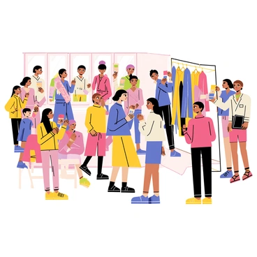 A busy backstage area at a fashion runway show. Numerous models with various hairstyles and outfits are getting ready, some standing in front of mirrors adjusting their makeup, while others are chatting excitedly. Several designers are actively discussing final touches with their models, holding fabric swatches and sketches. Clothing racks filled with colorful garments are positioned around, and a makeup artist is applying lipstick to a model. The atmosphere is filled with energy as everyone works together for the upcoming show.