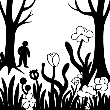A garden filled with various flowers that appear to have an ethereal quality, with petals that seem to sway gently as if touched by an unseen breeze. Some flowers are elongated and twisting, while others have a ghostly glow surrounding them. Mist swirls low to the ground, creating an atmosphere of mystery. In the background, shadowy figures drift between the plants, their forms vague and indistinct, blending seamlessly with the garden's eerie ambiance. The setting is framed by tall, graceful trees with twisting branches, casting elongated shadows on the ground.