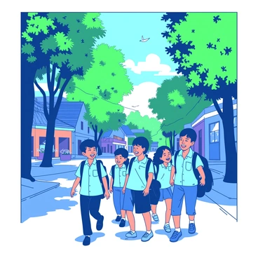 A group of children in blue school uniforms are walking home along a tree-lined street in Bengal. The children are laughing and chatting, with some carrying backpacks on their shoulders. Tall green trees line both sides of the street, casting dappled shadows on the ground. The sun is shining through the leaves, creating a bright and lively atmosphere. In the background, there are traditional Bengali houses with colorful facades and flower pots on the porches. Some birds are perched on the tree branches, adding to the cheerful environment.