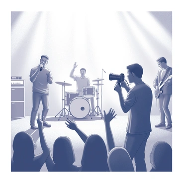 A photographer stands in front of a live band performing on stage. The photographer is holding a large camera with a lens focused on the musicians. The stage is illuminated with bright lights, highlighting the band members as they play their instruments. The first band member is passionately singing into a microphone, while another is playing a guitar. The drummer is visible in the background, hitting the drums with intensity. The audience can be seen in the foreground, some with their hands raised, enjoying the performance.