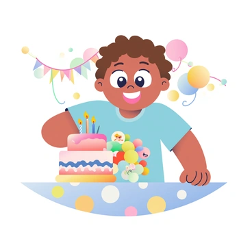 A child with curly brown hair is standing in front of a round birthday cake decorated with colorful frosting and topped with lit candles. The child is wearing a blue t-shirt with cartoon characters printed on it. Their big, expressive eyes are focused on the flickering candles, and a wide smile is spread across their face. The scene is filled with festive decorations, including colorful balloons and streamers hanging in the background. The table is adorned with a cheerful tablecloth featuring geometric patterns, creating a celebratory atmosphere.