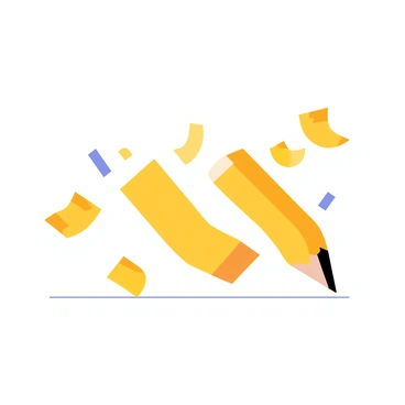A yellow pencil snapped in half, with the broken ends showing the sharpened graphite tip and wood core. Surrounding the pencil are scattered pencil shavings in various shapes and sizes, some curled tightly while others are spread out flat. The scene is set against a simple, flat surface, emphasizing the details of the broken pencil and the vibrant colors of the shavings.