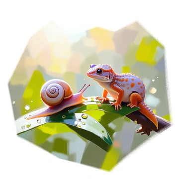 A close-up scene featuring a "crested gecko" perched on a leafy branch, its textured skin glistening with dew. Next to it, a "snail" with a spiraled shell is slowly making its way over a vibrant green leaf, leaving a slimy trail behind. The background is filled with blurred greenery that enhances the feeling of early morning, with drops of dew resting on the leaves. Soft sunlight filters through, creating a gentle glow around the gecko and the snail as they enjoy this tranquil moment together.