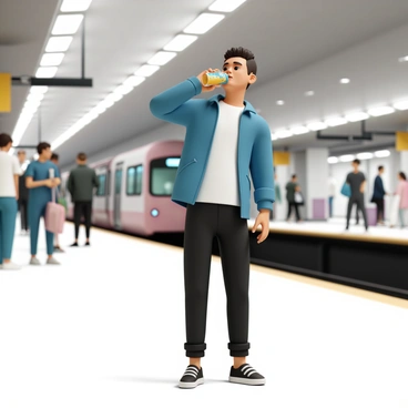 A commuter, wearing a blue jacket, black jeans, and black sneakers, stands on a subway platform. He is holding a brightly colored energy drink can with both hands, tilting it back as he takes a sip. The platform is busy, with other commuters in the background, some waiting and others engaged in conversations. A subway train is approaching, visible on the tracks, while overhead lights illuminate the scene. The commuter has a focused expression, reflecting the hustle of city life.