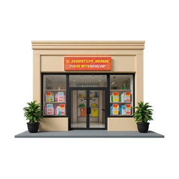 A storefront with large glass windows showcasing an array of colorful products inside. The entrance features a vibrant sign that reads, "Discounts for Payments Made with Google Pay," in bold, eye-catching letters. The sign is placed prominently above the door, and small flyers with similar messaging are visible in the windows. Potted plants frame the entrance, adding a touch of greenery to the scene. The overall atmosphere conveys a welcoming vibe, inviting passersby to enter and take advantage of the offer.