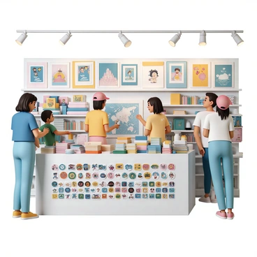 A bustling merchandise section, filled with various art-related items. There are colorful prints displayed on the walls, showcasing different styles and designs. A vibrant assortment of stickers is arranged on a large table, featuring various themes and characters. Shelves are stocked with art supplies, including sketchbooks, paint sets, and brushes. Customers, including a woman wearing a blue t-shirt and jeans, are browsing through the items, while a child, wearing a red cap and a green shirt, excitedly points at a large poster. Bright overhead lights illuminate the entire scene, creating a lively atmosphere.
