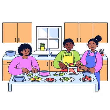 A warm kitchen with wooden cabinets and soft lighting. Three friends of different backgrounds are cooking together. One friend has dark hair and is chopping vegetables at a counter. Another friend is stirring a pot on the stove, wearing an apron. The third friend is setting the table with colorful plates and utensils. There are various ingredients scattered around the kitchen, such as herbs, spices, and fresh produce. A window above the sink lets in natural light, illuminating the cheerful atmosphere.