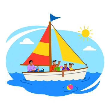 A small sailboat gliding through a bright blue sea. The boat features vibrant sails in shades of red, yellow, and blue, flapping energetically in the wind. A family of four occupies the boat; a father at the helm with a smile, a mother sitting on the edge, and two children playing with a colorful beach ball. The sun shines brightly overhead, casting reflections on the water's surface. In the background, fluffy white clouds dot the sky, adding to the cheerful atmosphere.