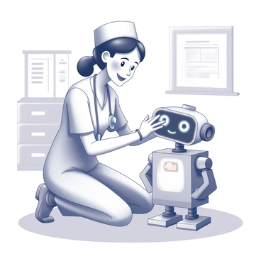 A cartoon nurse with a cheerful expression is kneeling beside a small robot. The nurse is dressed in traditional scrubs, complete with a cap, and is gently applying a fresh bandage to the robot's head where a band-aid is already placed. The robot has a round body with expressive eyes and a small, helpful smile, showcasing a friendly demeanor. The setting includes a simple medical room in the background with essential equipment like a stethoscope and a chart on the wall, emphasizing the caring nature of the interaction.