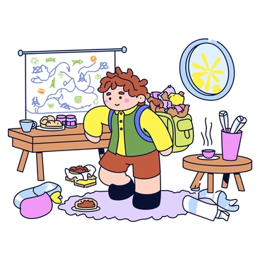 A hobbit packing a small rucksack full of snacks and maps for an unexpected journey