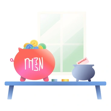 Two piggy banks are placed on a wooden table. The first piggy bank is round and shiny, filled with coins, and prominently labeled with the word "men." It is positioned to the left. The second piggy bank is slightly smaller, with a matte finish, and is nearly empty, showing only a few coins inside. This bank is labeled with the word "women" and is situated to the right of the first bank. A few scattered coins are lying around the table, emphasizing the contrast between the two piggy banks. Natural light is coming from a nearby window, illuminating the scene.