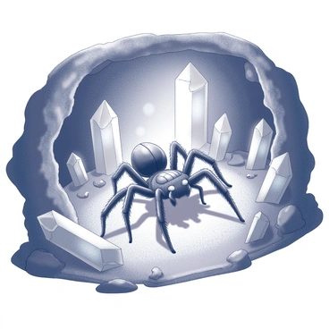A tarantula is positioned at the center of a mystical cave. The cave walls are rugged and uneven, creating a natural enclosure that adds to the atmosphere. Surrounding the tarantula, there are numerous glowing crystals of various shapes and sizes protruding from the cave walls and the ground. The crystals emit a soft light, casting intricate shadows that dance across the cave's surface. The tarantula is detailed, showing its hairy, textured body and prominent legs, giving a sense of scale and realism in the environment. The scene conveys an enchanting and mysterious ambiance.
