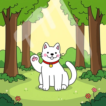 A small, cartoon-like lucky cat with a glossy white coat and a bright red collar sits in the middle of a lush, green forest. The cat has one paw raised in a beckoning gesture. Surrounding the cat are tall trees with vibrant green leaves, and rays of sunlight filter through the canopy above, creating playful patterns on the ground. The forest floor is covered in soft moss and a few colorful wildflowers. In the background, dappled sunlight creates a warm and inviting atmosphere.