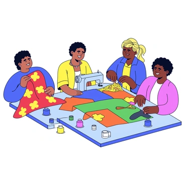 A group of women gathered around a large table, working on a vibrant quilt celebrating Juneteenth. Each woman has a distinct style, with different colorful fabrics spread out in front of them. One woman holds a bright red fabric adorned with bold patterns, while another is cutting a piece of yellow cloth with intricate designs. The quilt features a variety of colors including green, blue, and orange, symbolizing unity and celebration. Nearby, a sewing machine is set up, and several spools of thread in various colors are scattered around the table. The women are engaged in conversation, smiling as they share their thoughts while sewing together.