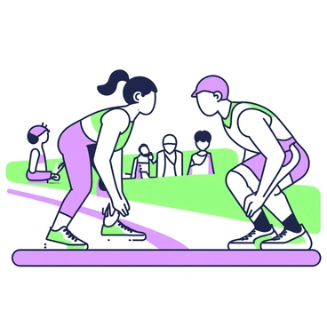 Two athletes are positioned at the starting line before a competitive race. They are facing each other, making intense eye contact that conveys determination and focus. The first athlete, a woman with a ponytail, is wearing a fitted racing uniform that highlights her athletic build. The second athlete, a man with short hair, is wearing a similar sleeveless outfit that showcases his muscular arms. Around them, the track is marked with white lines, and the starting blocks are set behind them. A small crowd is gathered in the background, observing the moment of intensity shared between the two competitors.