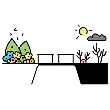 A bridge spans across a chasm, with one end leading to a vibrant landscape filled with colorful flowers and bright green trees. On the opposite end lies a dark landscape, featuring twisted, bare trees and a cloudy sky. The bridge itself is simple in design, made of wooden planks. On the vibrant side, the sunlight casts a warm glow, while on the dark side, shadows loom, suggesting a contrast between light and darkness. The scene conveys a sense of choice, with the bridge serving as a passage between the two distinct environments.