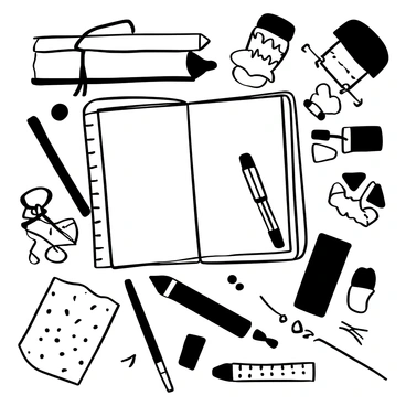 A flatlay of various art supplies used by graphic illustration artists