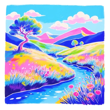 A landscape features rolling hills under a bright blue sky. The grass is a vivid green, dotted with colorful wildflowers. In the foreground, a winding river reflects the sunlight, creating a shimmering effect on the water's surface. A large, whimsical tree with a twisted trunk and oversized leaves stands prominently on one side of the scene. Fluffy clouds float in the sky, each one uniquely shaped and tinted in various hues. The distant mountains are painted in shades of purple and pink, contrasting with the lush greenery below.