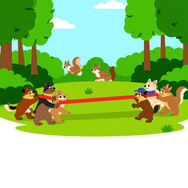 Two teams of animals are engaged in a lively tug-of-war match in a forest clearing. On one side, a group of five playful dogs, with fur in various colors including brown, black, and golden, are tugging on a vibrant red rope. On the opposite side, four energetic squirrels with bushy tails, one wearing a tiny blue cap, are pulling the other end of the rope. The forest is filled with tall, green trees surrounding the clearing, and sunlight filters through the leaves, casting dappled shadows on the ground. In the background, a few curious rabbits watch the match from behind a bush.