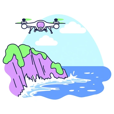 A toy drone is flying above a dramatic coastal scene. The drone has four propellers and a sleek design, reflecting sunlight as it hovers. Below, steep cliffs rise sharply from the ocean, showing rugged rock formations and patches of green vegetation. The waves crash forcefully against the base of the cliffs, sending white foam into the air. In the background, the deep blue sea stretches towards the horizon, where the sky meets the water. Fluffy white clouds drift across the sky, adding to the vibrant atmosphere of the scene.