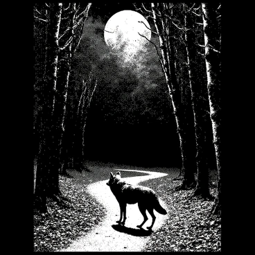A winding path cuts through a dense medieval forest, flanked by towering trees with gnarled branches. The ground is covered in a thick layer of leaves, creating a textured carpet. Above, a full moon casts a soft, bright light, illuminating the scene with shadows and highlights. A wolf stands at the edge of the path, its fur detailed and sleek, looking back as if to guide the viewer deeper into the forest. The night sky is dotted with twinkling stars, providing a backdrop to the serene yet enigmatic atmosphere of the setting.