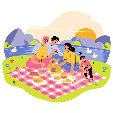 A family of four sitting on a large checkered picnic blanket spread out on a grassy area near a rock pool. The parents, a father and a mother, are smiling as they help their two children, a boy and a girl, reach for brightly colored sandwiches and fruits arranged on a vibrant picnic spread. The sun is setting in the background, casting warm hues of orange and pink across the sky, reflecting off the water of the rock pool. Nearby, there are a few playful ducks swimming in the pool, and wildflowers dot the surrounding landscape.