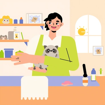 A wildlife rehabilitator wearing a green apron is gently holding a small, fluffy baby animal, possibly a raccoon, in their hands. The baby animal has bright, curious eyes and soft gray fur. The clinic is cozy, with wooden shelves filled with various animal care supplies and soft lighting creating a warm atmosphere. There is a plush blanket on the counter where the rehabilitator is working. In the background, there are pictures of different animals on the walls, and a small window with sunshine streaming in, adding to the inviting environment.