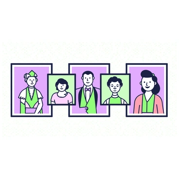 A collection of vintage-style portraits hanging on a wall. Each portrait features a person with distinct facial features and expressions that reflect different eras. The first portrait on the left shows a person from the Victorian era with elaborate clothing and a serious expression. Next to it, a flapper from the 1920s poses with a playful smile and short curls. In the center, there is a 1950s gentleman with a confident expression and slicked-back hair, wearing a suit. To the right, a retro 1970s individual sports a big smile and colorful clothing, with long, flowing hair. Each portrait is framed, and the wall has a subtle texture.