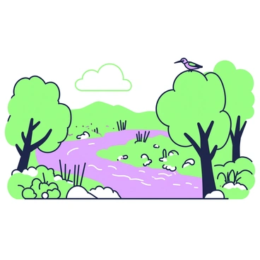A panoramic view of a kingfisher's habitat. In the foreground, a winding river flows gently, reflecting the surrounding landscape. Lush green trees line the banks of the river, their leaves forming a dense canopy. Small rocks and pebbles are scattered along the water's edge. In the mid-ground, various plants and reeds grow along the river, providing shelter and food for wildlife. The background features rolling hills and patches of open sky, where a kingfisher can be seen perched on a branch, scanning the water for fish. The overall composition emphasizes the richness and diversity of the kingfisher's environment.