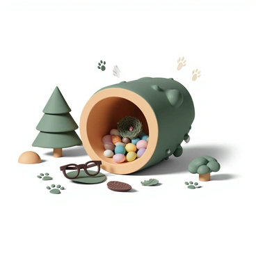 A hollow log, slightly moss-covered and resting on the forest floor, serves as a unique display for a pile of curious items. Inside the log, there are colorful stones, shiny acorns, and tiny feathers arranged in a haphazard manner. A small, intricately woven nest can be seen nestled between the items. Nearby, a pair of glasses with round frames rests atop a folded leaf. Tiny paw prints can be seen leading to and from the log, indicating the presence of woodland creatures. Light filters through the surrounding trees, casting gentle shadows on the log, enhancing the whimsical scene.
