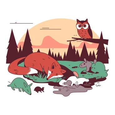 A red fox is sitting on a patch of grass in the center of a clearing, surrounded by various forest animals. To the left, a teal deer is drinking from a small stream, while a group of three rabbits, each a different shade of grey, is nibbling on the grass nearby. In the background, a wise old owl with large eyes is perched on a low branch, observing the scene. The sky is illuminated by the orange glow of the setting sun, casting long shadows across the clearing and providing a warm ambiance to the gathering of animals.
