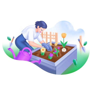 A person kneeling on the soil in a garden plot filled with fresh earth. They are gently planting colorful flowers, including tulips, daisies, and pansies, in neat rows. Surrounding the garden plot are small gardening tools, such as a trowel and a watering can. In the background, there is a wooden fence and a clear blue sky, adding a serene atmosphere to the scene.