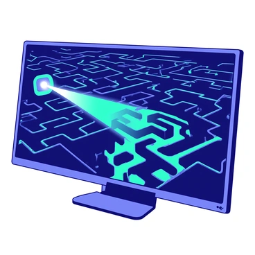 A digital screen displays a complex maze with intricate pathways. The maze is outlined in vibrant colors, creating a stark contrast against the screen's background. A focused light beam, colored teal, penetrates the maze, illuminating the winding paths as it moves toward the exit. The exit is marked clearly, glowing in bright white, while the surrounding maze structures cast interesting shadows. The light beam is dynamic, suggesting movement and determination as it navigates through the maze's challenges.