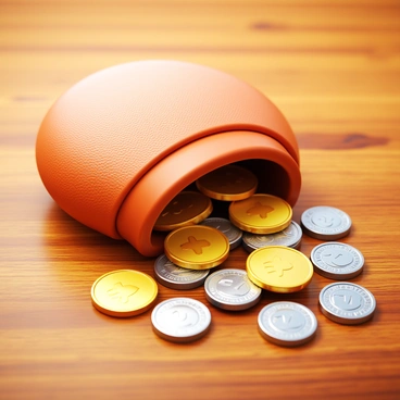 A small, round coin purse made of soft, textured leather. The purse is slightly open, revealing a mix of bright, shiny coins spilling out onto a rustic wooden table. The coins reflect light, showcasing their metallic surfaces in gold and silver hues. The wooden table has a natural grain pattern, adding warmth to the scene.