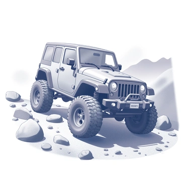 An off-road vehicle with large, rugged tires is ascending a steep, rocky trail. The vehicle's body is coated in patches of mud, showcasing evidence of a challenging journey. Rocks of various sizes are embedded in the path, creating an uneven surface for the vehicle to navigate. Dust and debris are kicked up from the tires as they grip the terrain, emphasizing the ruggedness of the setting. In the background, steep hills rise, adding to the sense of adventure in the scene.
